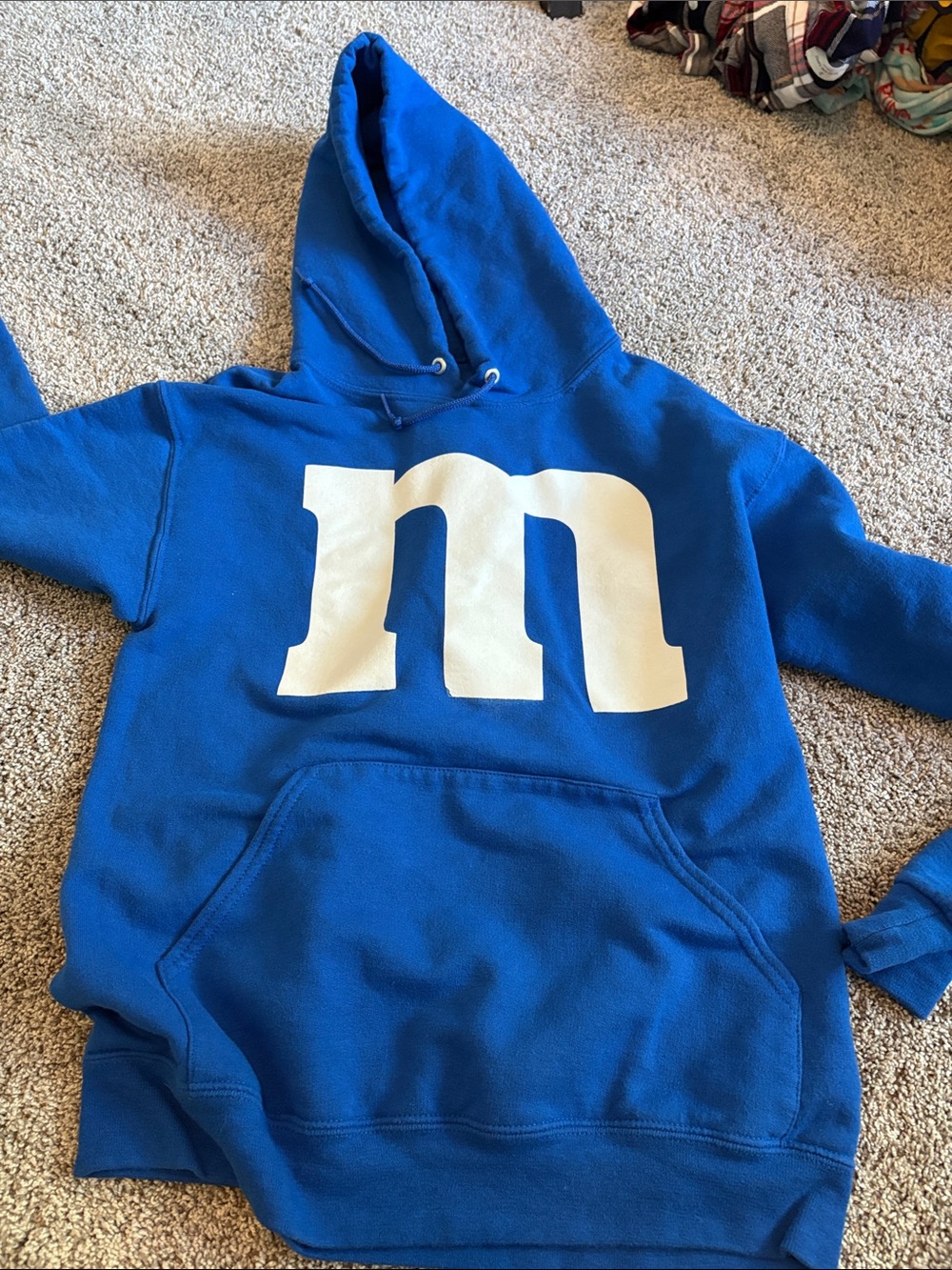 Blue Hoodie with Large White 'm' Graphic